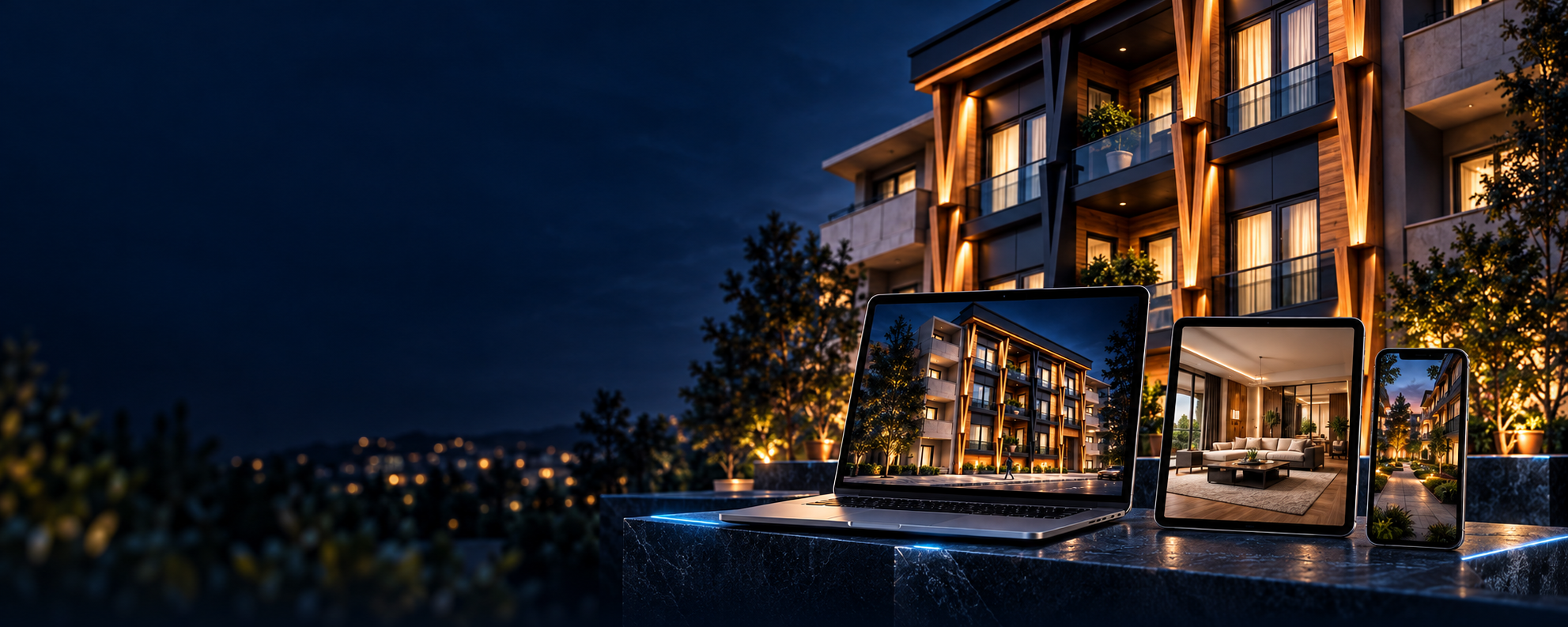 Gece aydınlatmalı mimari proje; laptopta dış cephe, tablette salon ve telefonda avlu görünümü