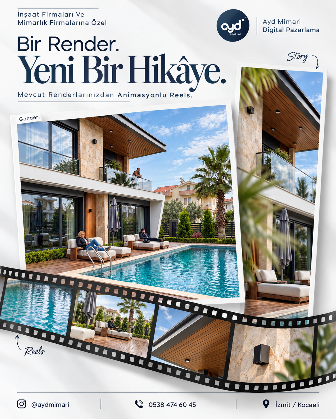 Havuzlu villa renderının gönderi, story ve Reels düzenlerinde sunulduğu AYD tasarımı