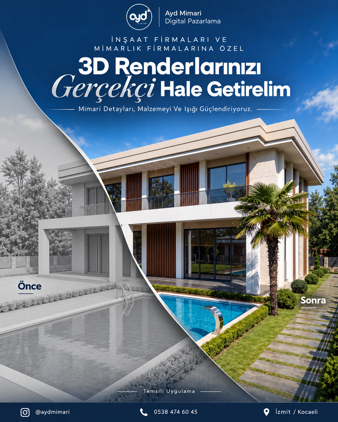 Aynı villa renderında malzeme ve ışık kalitesinin değişimini gösteren temsili önce ve sonra tasarımı