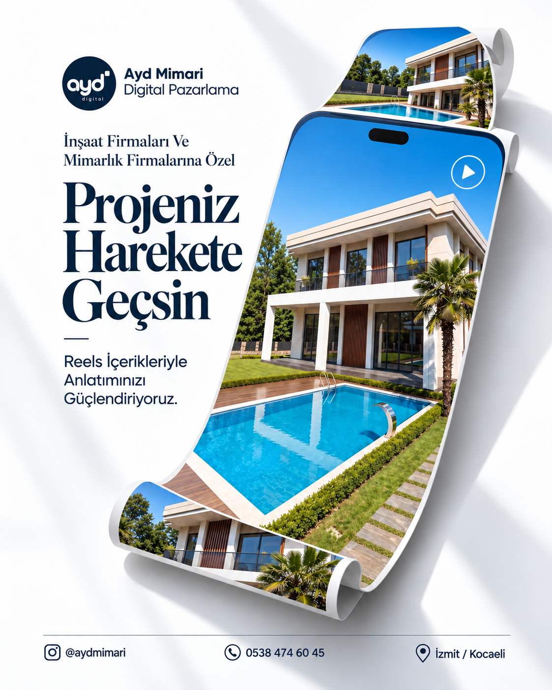 Mevcut villa renderının kıvrılan kâğıt ve telefonla Reels içeriğine dönüştürüldüğü tasarım