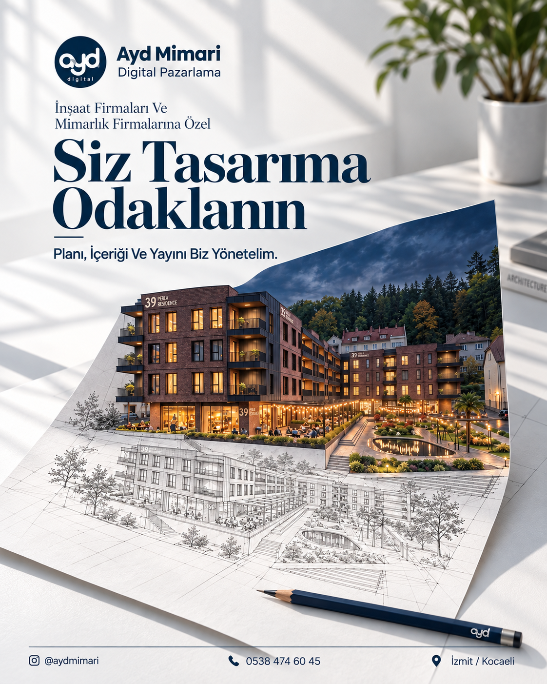 Mimari eskiz ile proje renderını birleştiren sosyal medya yönetimi tasarımı