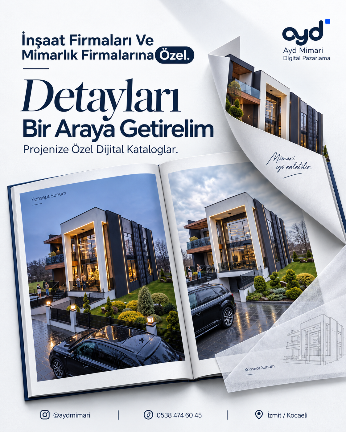 Mimari proje görsellerinin açılan sayfalarla sunulduğu dijital katalog tasarımı
